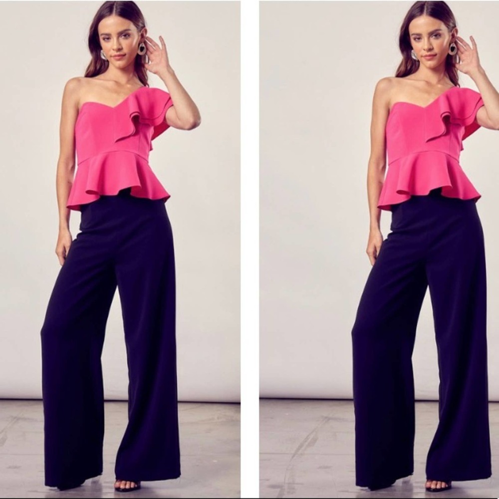 Pink One Shoulder Ruffle Peplum Top - Picture 2 of 2